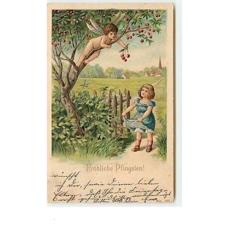 n°6778 - Carte Gaufrée - Pentecôte - Fröhliche Pfingsten - Angelot cueillant des cerises