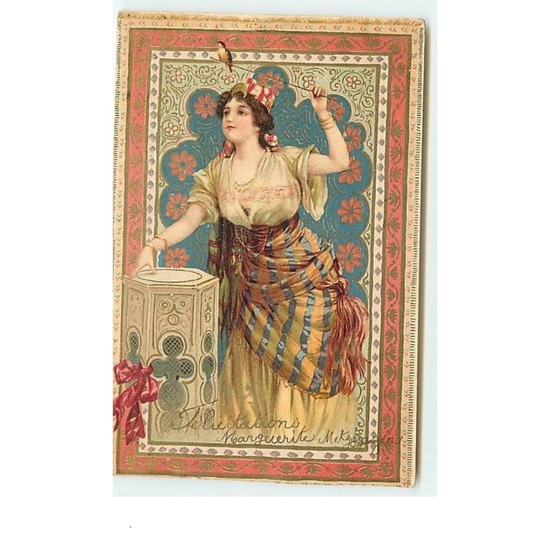 n°6780 - Femme gitane avec une baguette et un oiseau