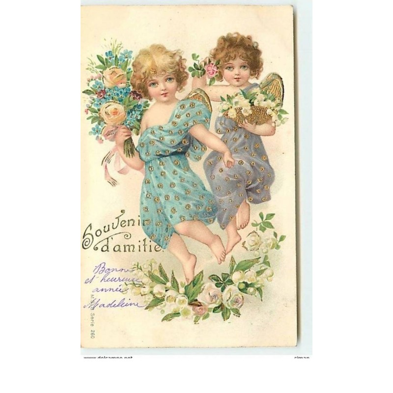 n°12340 - Carte Fantaisie - Souvenir d'amitié - Deux anges avec des fleurs