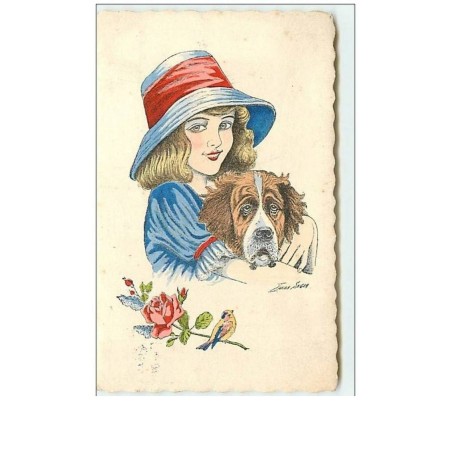 n°6870 - Xavier Sager - Fillette avec son chien - Saint Bernard