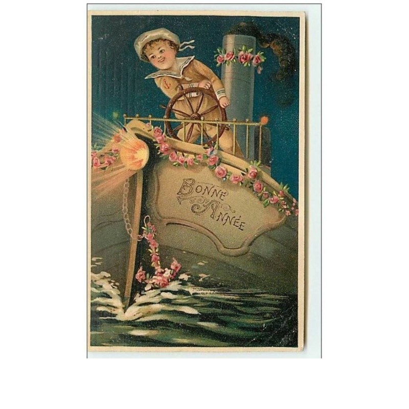 n°6879 - Carte Gaufrée - Bonne Année - Enfant à la barre d'un bateau