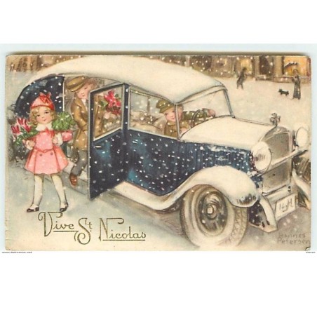 n°12341 - Hannes Petersen - Vive Saint-Nicolas - Enfants sortant d'une voiture sous la neige