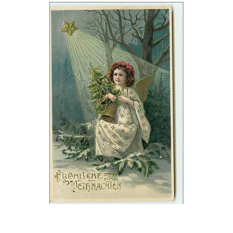 n°6894 - Frohliche Weihnachten - Ange assis avec une cloche et un sapin