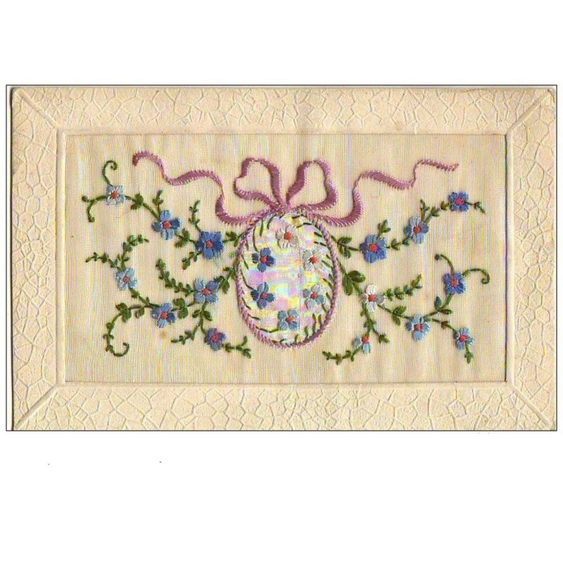 n°6908 - Carte Brodée - Fleurs et Oeuf