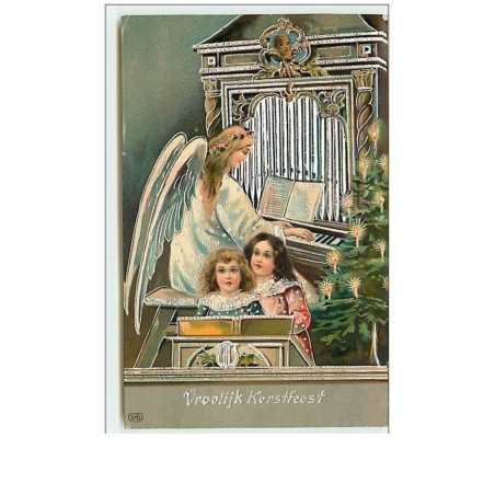 n°6933 - Fantaisie - Vroolijk Kerstfeest - Ange gardien jouant de l'orgue et fillettes