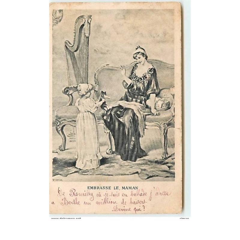 n°12349 - Embrasse le Maman - Fillette tendant un chaton à sa maman - Harpe - Goodman - chat