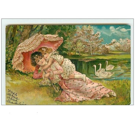 n°6950 - Carte Fantaisie Gaufrée - Fillette et sa mère au bord d'un étang