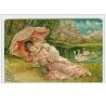 n°6950 - Carte Fantaisie Gaufrée - Fillette et sa mère au bord d'un étang