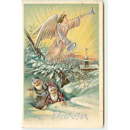 n°697 - Carte Gaufrée - A Happy New Year - Ange et lutins