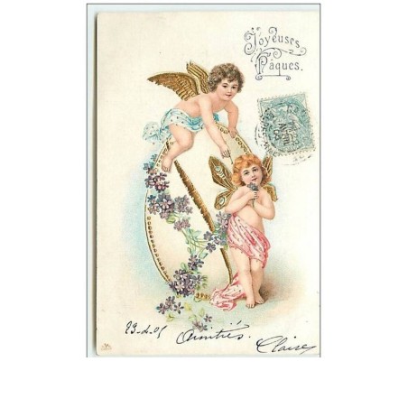 n°6987 - Carte Fantaisie Gaufrée - Joyeuses Paques - Angelots et oeuf