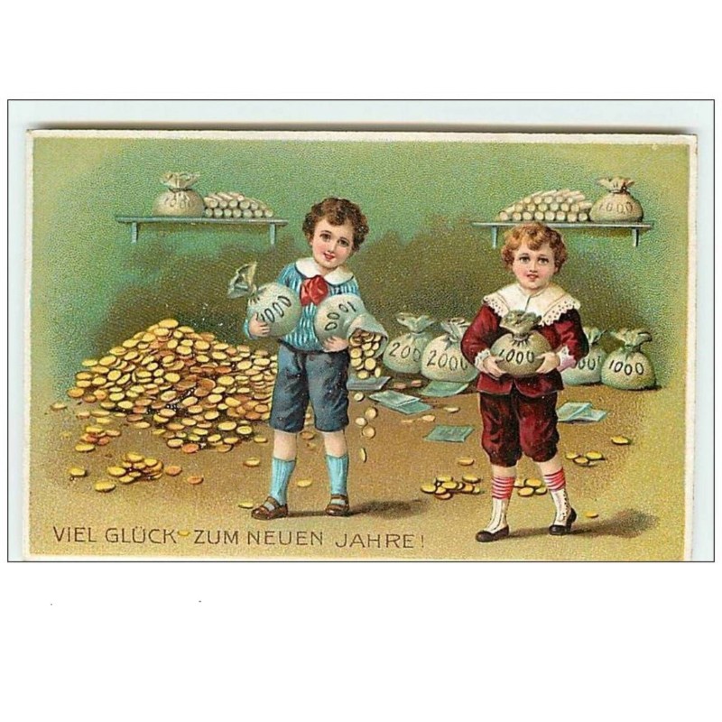 n°6996 - Carte Fantaisie Gaufrée - Enfants avec des sacs de pièces d'or