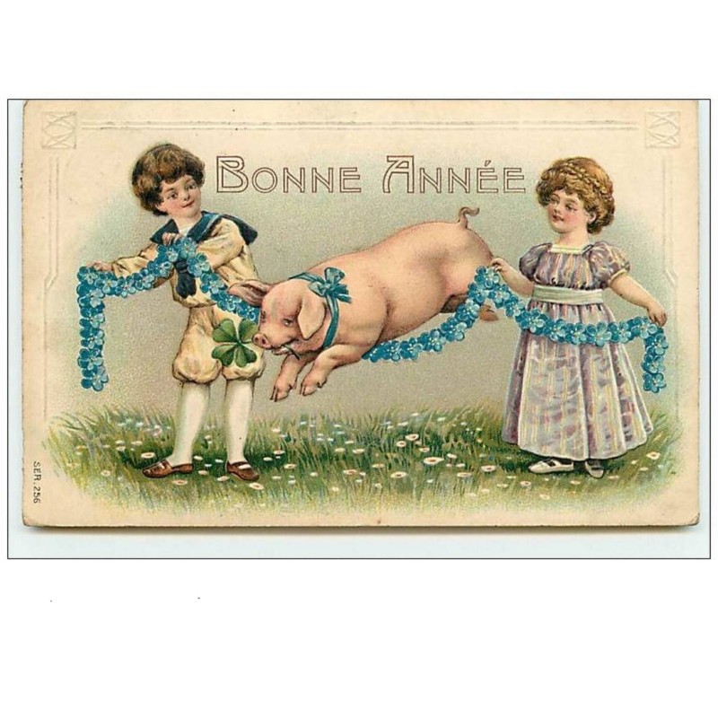 n°6999 - Carte Fantaisie Gaufrée - Bonne Année - Enfants et cochon