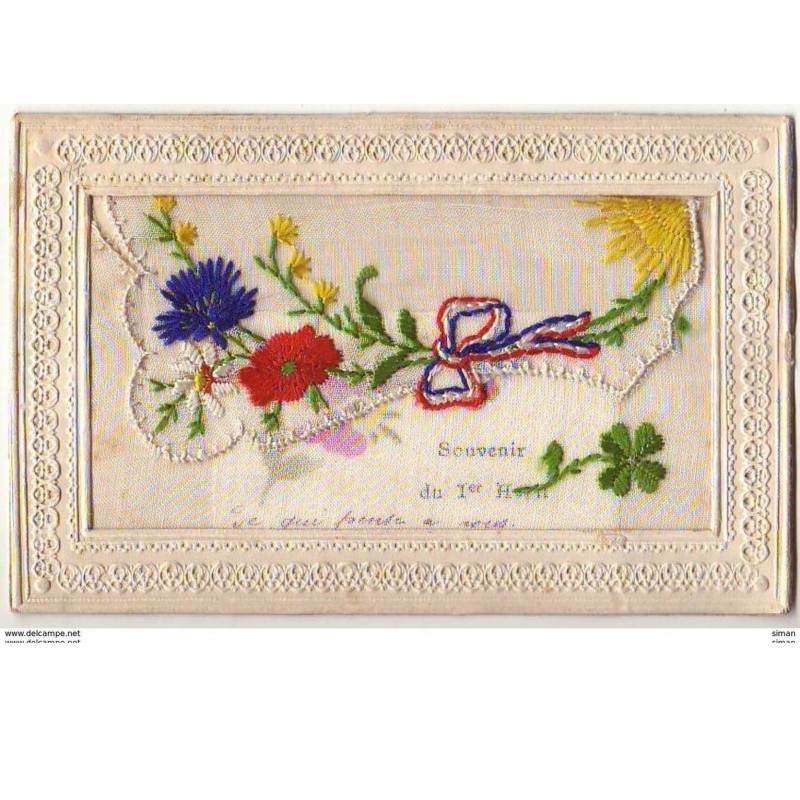 n°7104 - Carte Brodée avec rabat - Fleurs Patriotiques et Soleil
