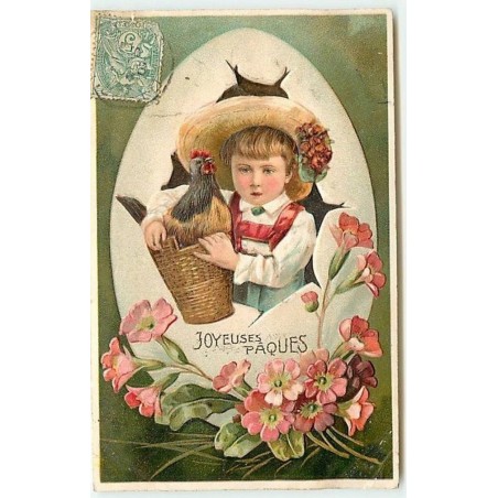 n°12353 - Carte Gaufrée - Joyeuses Pâques - Fillette portant un coq dans un panier sortant d'un oeuf (vendu en l'état)