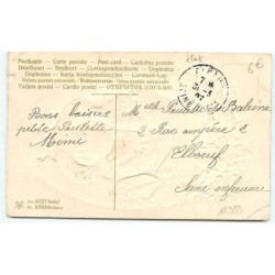 n°12353 - Carte Gaufrée - Joyeuses Pâques - Fillette portant un coq dans un panier sortant d'un oeuf (vendu en l'état)