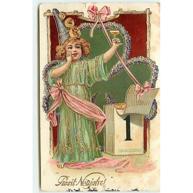 n°7148 - Carte Fantaisie Gaufrée - Prosit Neujahr - Fillette - 1er Janvier