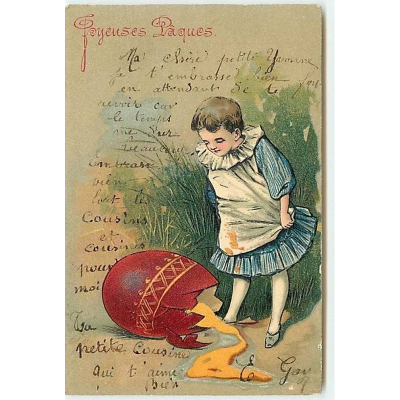 n°12355 - Carte Gaufrée - Joyeuses Pâques - Fillette regardant un oeuf cassé