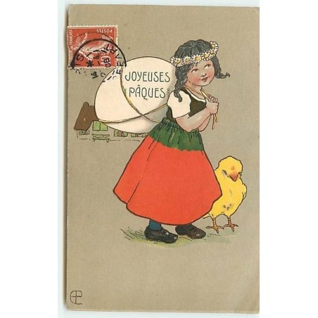 n°7176 - Carte Fantaisie Gaufrée - Joyeuses Pâques - Fillette portant un oeuf