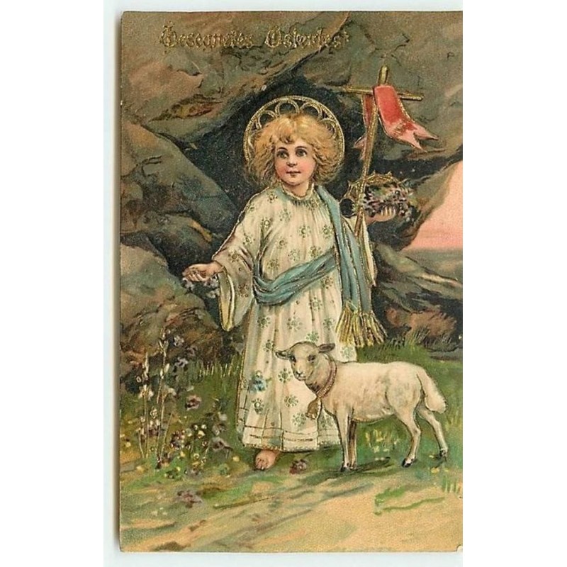 n°7185 - Carte Fantaisie Gaufrée - Gesegnetes Osterfest - Enfant avec un Mouton