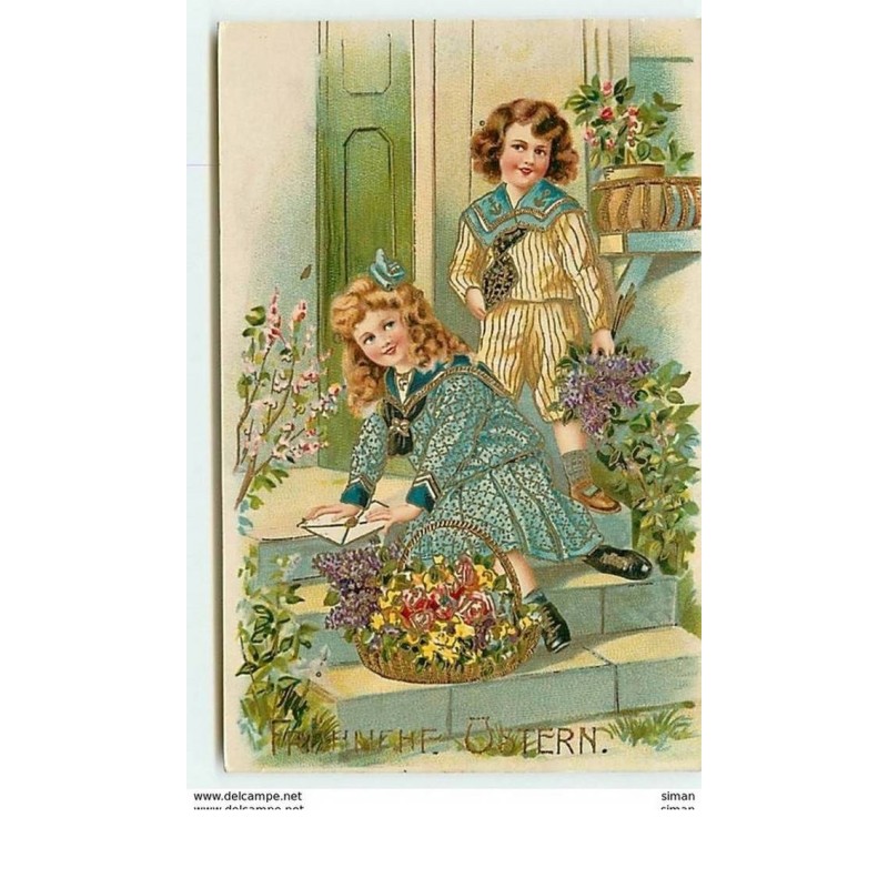 n°7189 - Carte Fantaisie - Frohliche Ostern - Fillettes sur les marches d'une maison