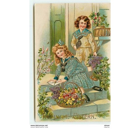 n°7189 - Carte Fantaisie - Frohliche Ostern - Fillettes sur les marches d'une maison