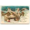n°7194 - Carte Fantaisie Gaufrée - Ein Frohes Weihnachtsfeest - Angelots avec une boite de cadeaux
