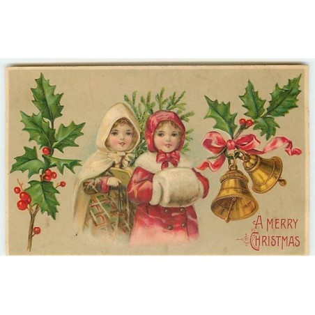 n°7196 - Carte Fantaisie Gaufrée - A Merry Christmas - Enfants - Cloches