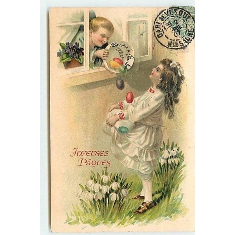 n°12357 - Carte Gaufrée - Joyeuses Pâques - Garçon donnant des oeufs à une fillette