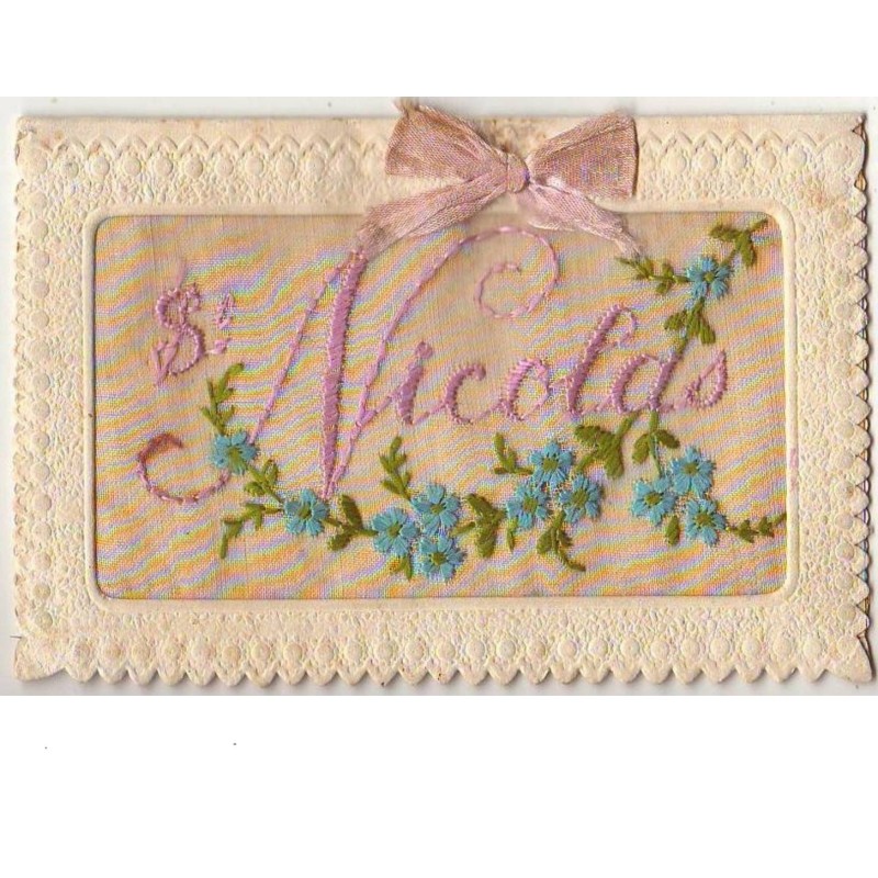 n°7203 - Carte Brodée - Saint Nicolas - Petites fleurs bleues