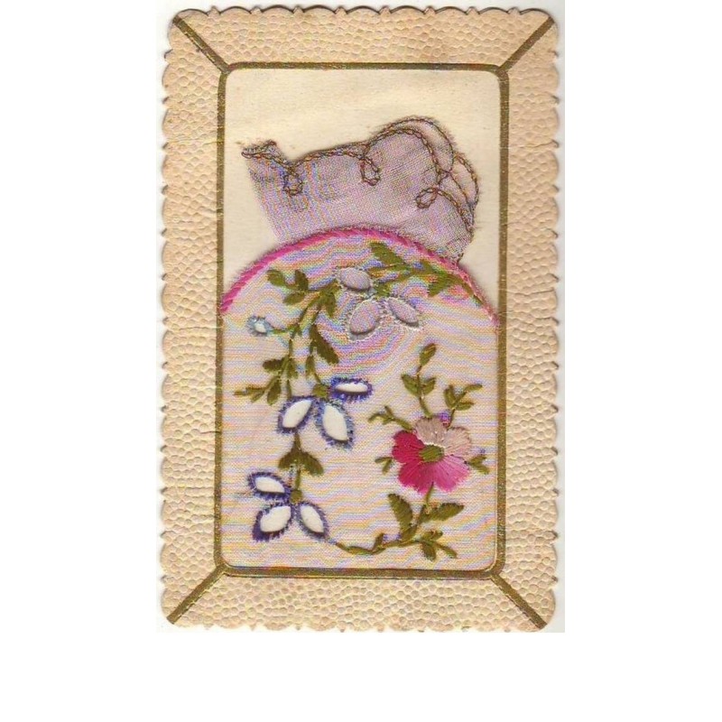n°7208 - Carte Brodée avec pochette mauve - Fleurs roses et bleues