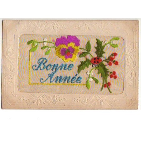 n°7209 - Carte Brodée - Bonne Année - Pensée et Coccinelle