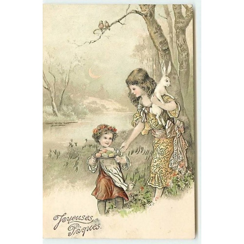 n°12358 - Carte Gaufrée - Joyeuses Pâques - Enfant portant des oeufs, et une fillette un lapin
