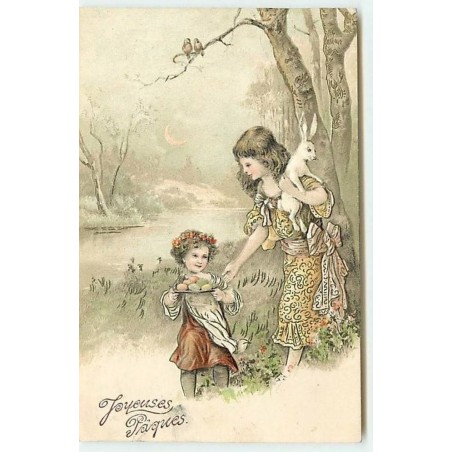 n°12358 - Carte Gaufrée - Joyeuses Pâques - Enfant portant des oeufs, et une fillette un lapin