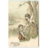 n°12358 - Carte Gaufrée - Joyeuses Pâques - Enfant portant des oeufs, et une fillette un lapin