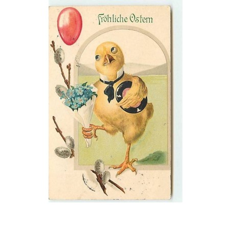 n°7232 - Carte Fantaisie - Frohliche Ostern - Poussin avec un bouquer de myosotis