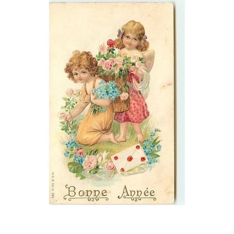 n°7238 - Carte Fantaisie Gaufrée - Bonne Année - Enfant Angelot avec des fleurs