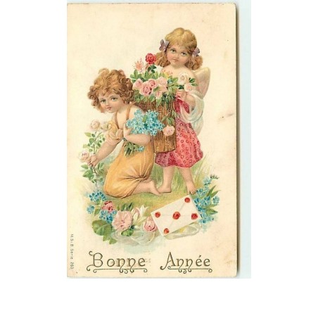 n°7238 - Carte Fantaisie Gaufrée - Bonne Année - Enfant Angelot avec des fleurs