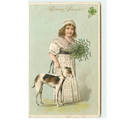 n°7239 - Carte Fantaisie Gaufrée - Bonne Année - Fillette avec un lévrier
