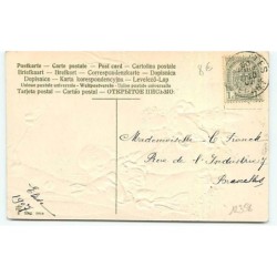 n°12358 - Carte Gaufrée - Joyeuses Pâques - Enfant portant des oeufs, et une fillette un lapin