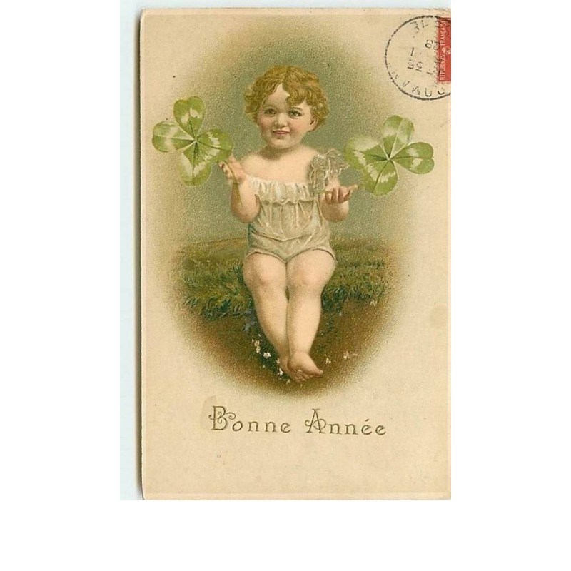 n°7244 - Carte Fantaisie - Bonne Année - Bébé avec des trèfles à 4 feuilles