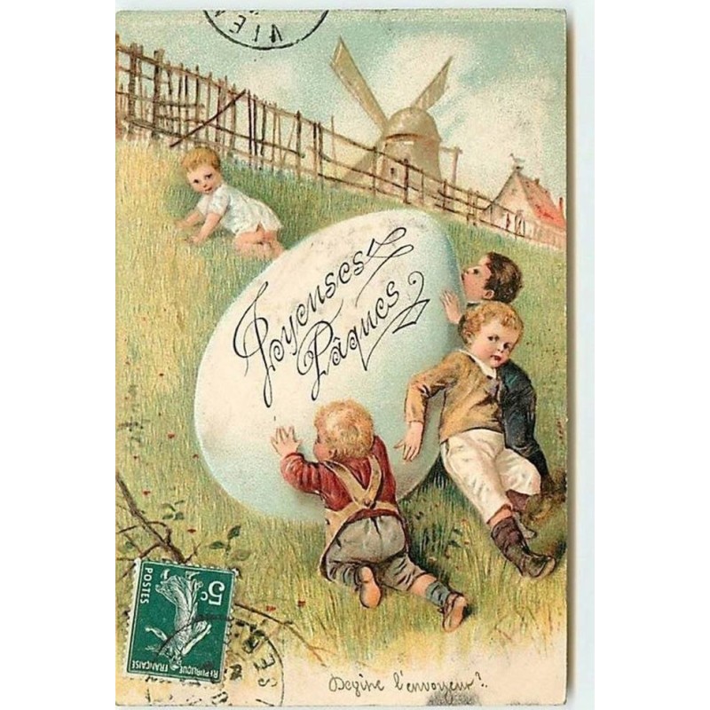 n°12359 - Carte Gaufrée - Joyeuses Pâques - Garçons poussant un oeuf