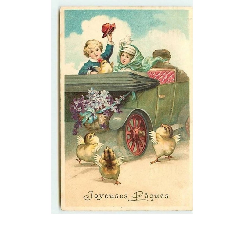 n°7295 - Carte Fantaisie Gaufrée - Joyeuses Pâques - Poussins devant une automobile