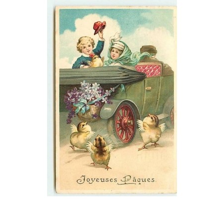 n°7295 - Carte Fantaisie Gaufrée - Joyeuses Pâques - Poussins devant une automobile