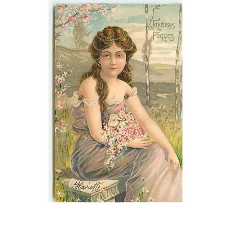 n°7338 - Carte Fantaisie - Joyeuses Paques - Femme avec un agneau dans les bras