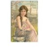 n°7338 - Carte Fantaisie - Joyeuses Paques - Femme avec un agneau dans les bras