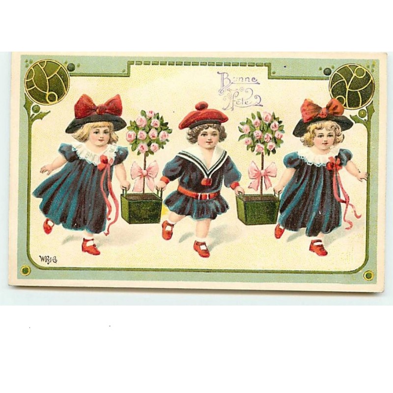 n°7341 - Carte Gaufrée - Bonne Fête - Fillettes portant des pots de fleurs de face