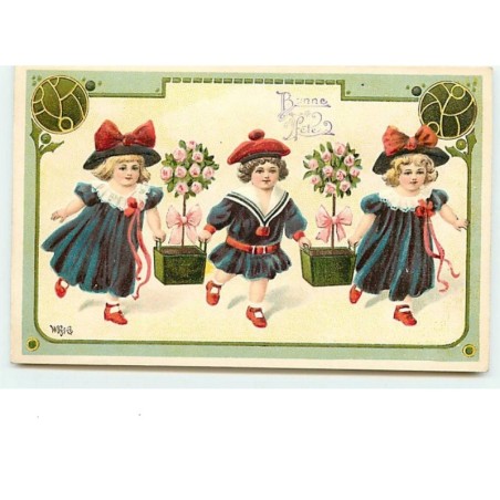 n°7341 - Carte Gaufrée - Bonne Fête - Fillettes portant des pots de fleurs de face