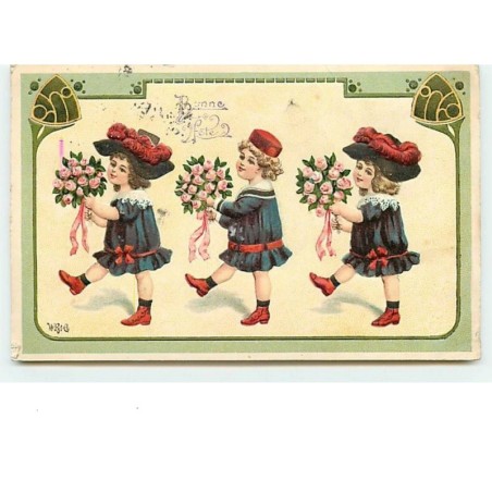 n°7342 - Carte Gaufrée - Bonne Fête - Fillettes portant des pots de fleurs de profil