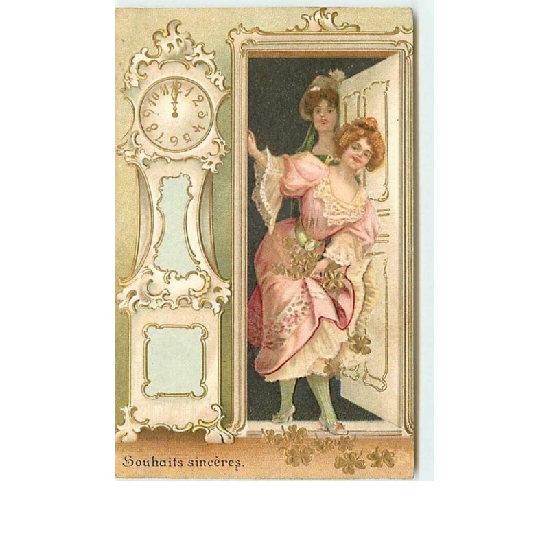 n°7343 - Carte Gaufrée - Souhaits Sincères - Femme avec des trèfles en or