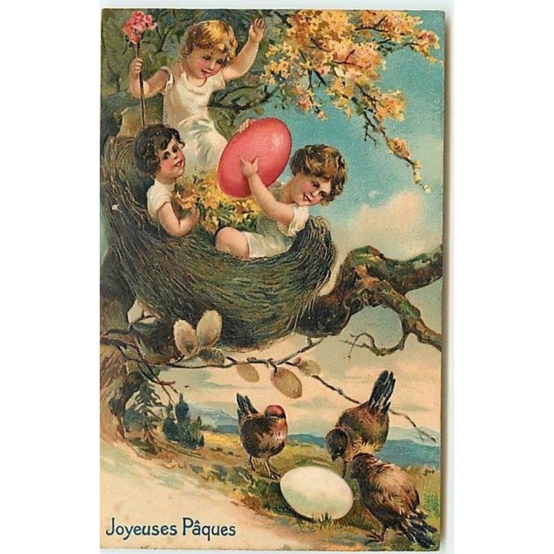 n°12361 - Carte Gaufrée - Joyeuses Pâques - Enfants dans un nid avec des oeufs